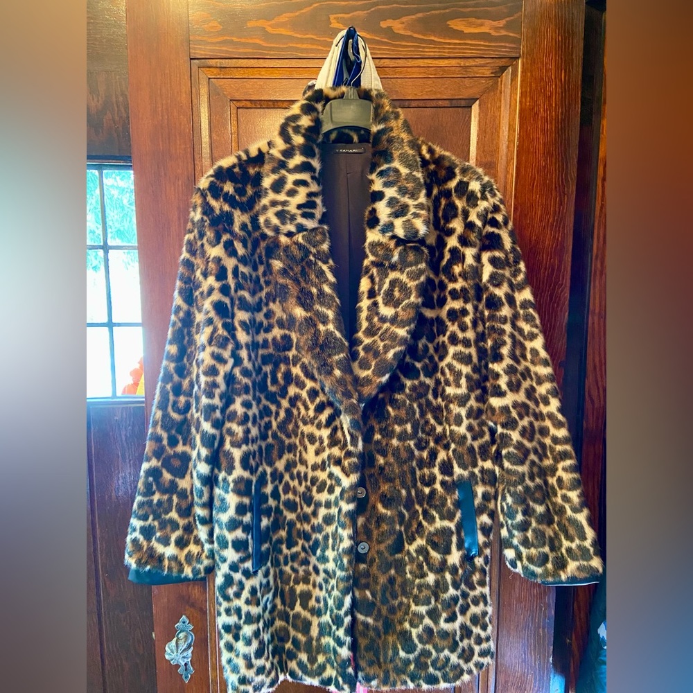 T Tahari Faux Fur Leopard Coat with Leather Detail XL